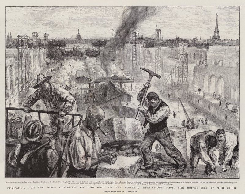 Voorbereidingen voor de Parijse tentoonstelling van 1900, uitzicht op de bouwwerkzaamheden vanaf de noordkant van de Seine door Charles Paul Renouard