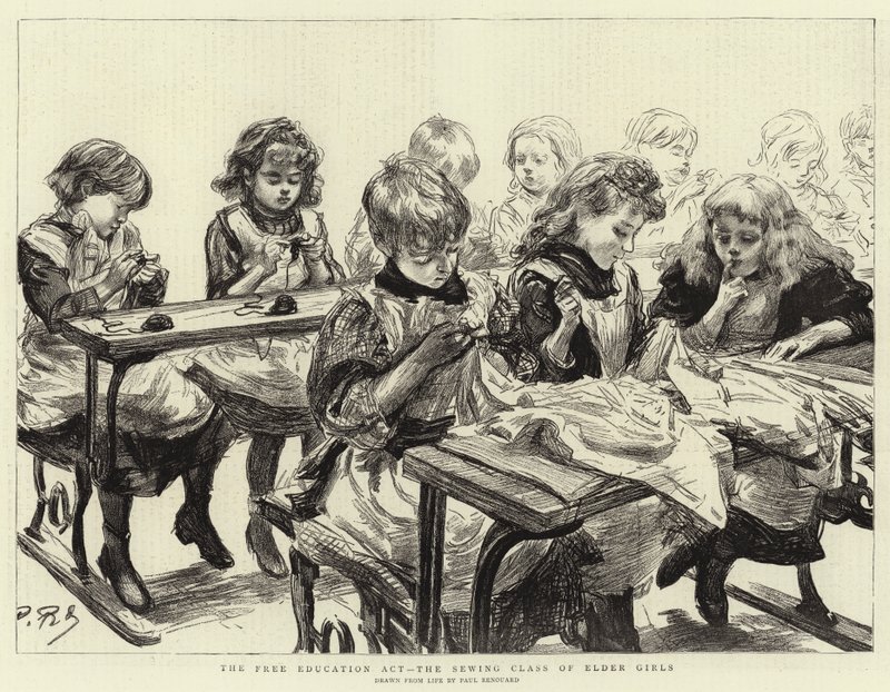 De Wet op Vrij Onderwijs, de naaiklas van oudere meisjes door Charles Paul Renouard