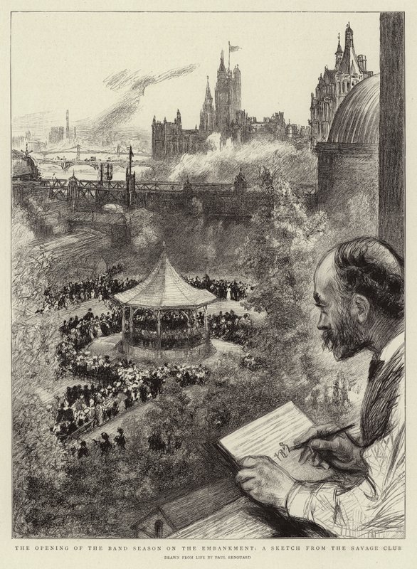 De opening van het bandseizoen op de Embankment, een schets van de Savage Club door Charles Paul Renouard
