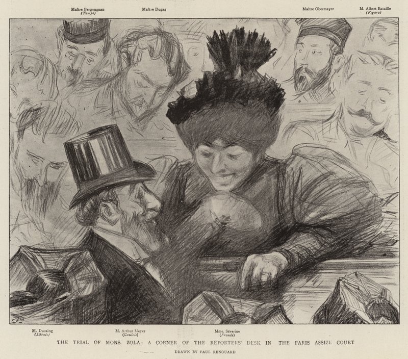 Het proces van Mons Zola, een hoek van de verslaggeversdesk in het Assisenhof van Parijs door Charles Paul Renouard
