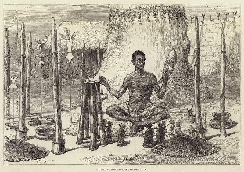Een Dahomey priester die heilig katoen spint door Sir John Charles Robinson