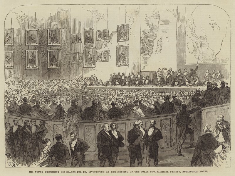 De Heer Young beschrijft zijn Zoektocht naar Dr. Livingstone op de Vergadering van de Koninklijke Geografische Vereniging, Burlington House door Sir John Charles Robinson
