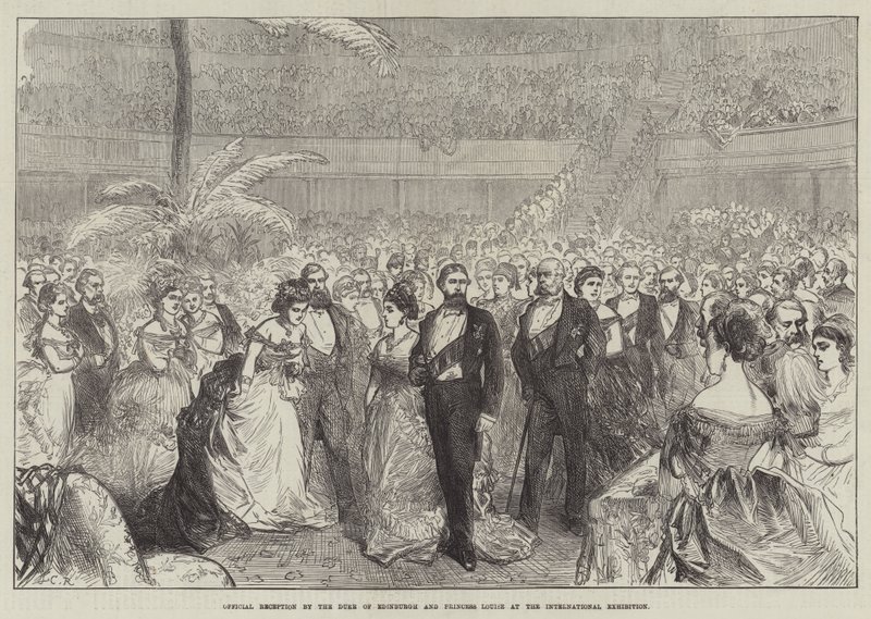 Officiële ontvangst door de hertog van Edinburgh en prinses Louise op de Internationale Tentoonstelling door Sir John Charles Robinson