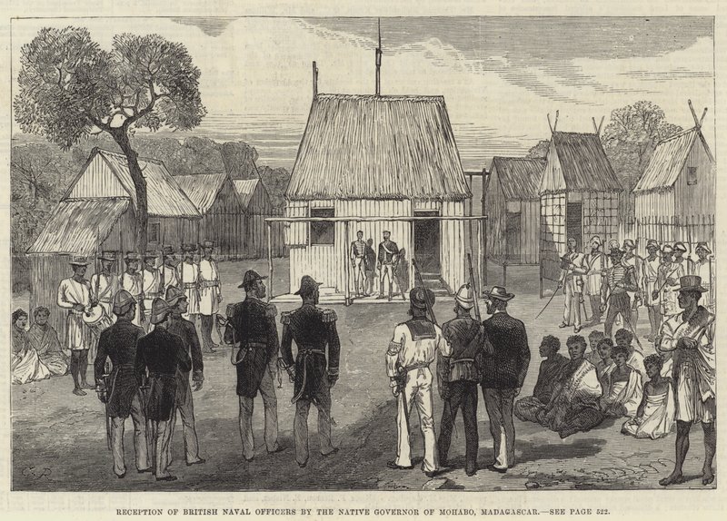 Ontvangst van Britse Marineofficieren door de Inheemse Gouverneur van Mohabo, Madagaskar door Sir John Charles Robinson