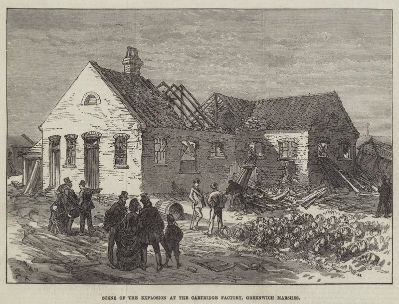 Scène van de Explosie bij de Patronenfabriek, Greenwich Marshes door Sir John Charles Robinson