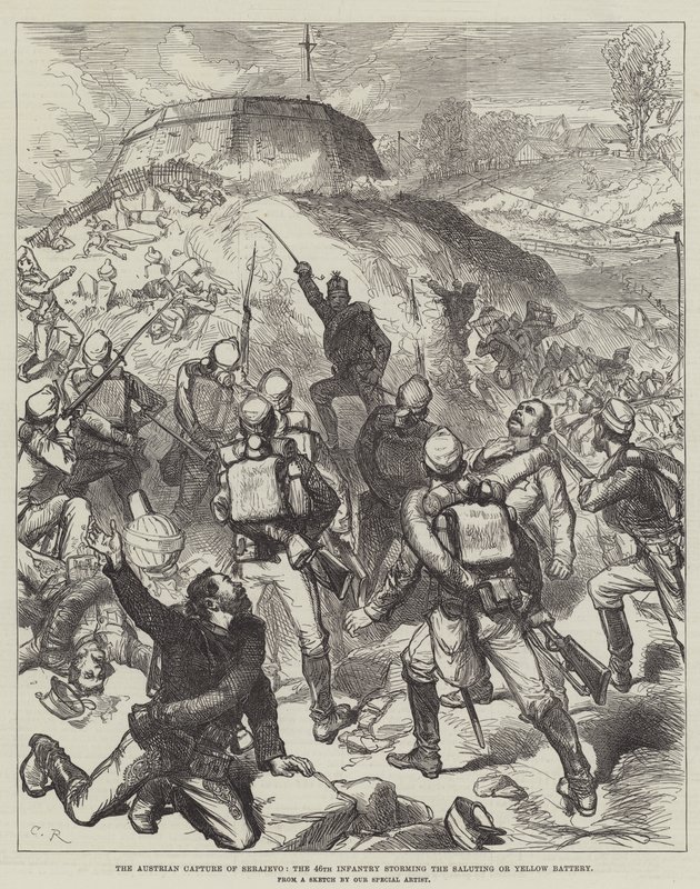 De Oostenrijkse verovering van Sarajevo, de 46e infanterie bestormt de Saluut- of Gele Batterij door Sir John Charles Robinson