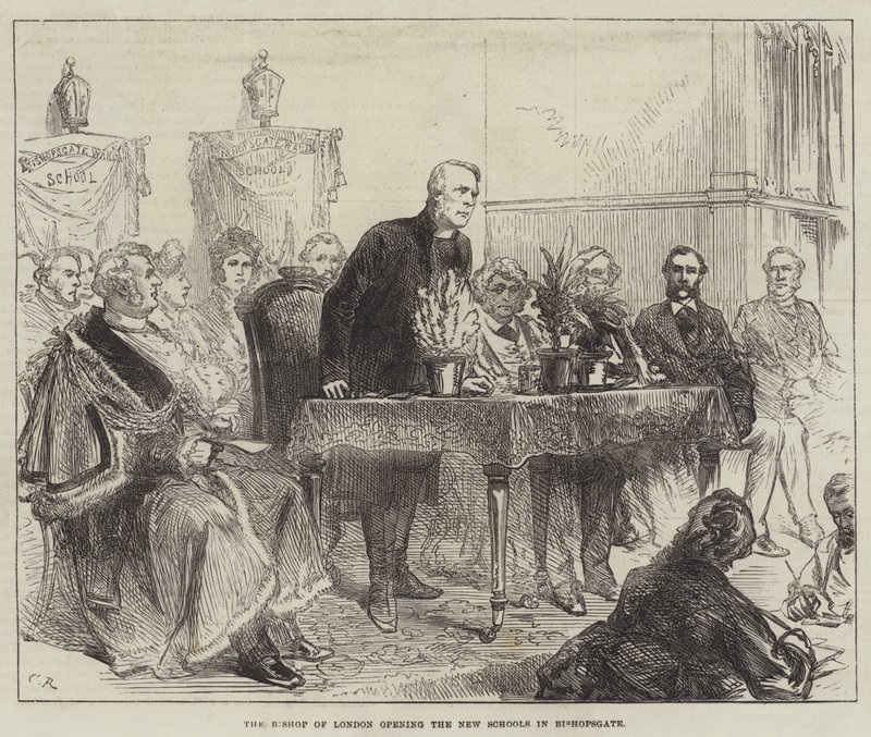 De Bisschop van Londen opent de Nieuwe Scholen in Bishopsgate door Sir John Charles Robinson