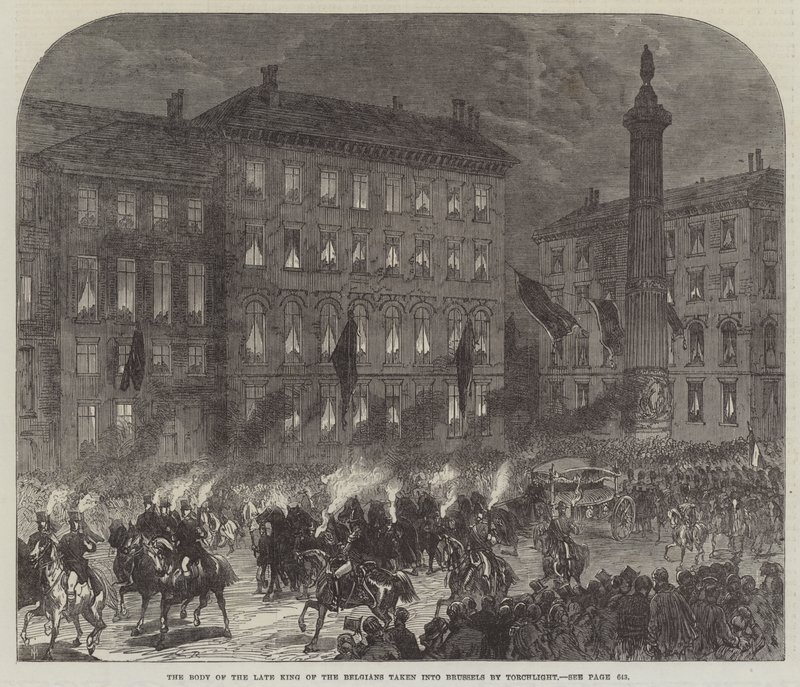 Het lichaam van de overleden koning van België naar Brussel gebracht door fakkellicht door Sir John Charles Robinson