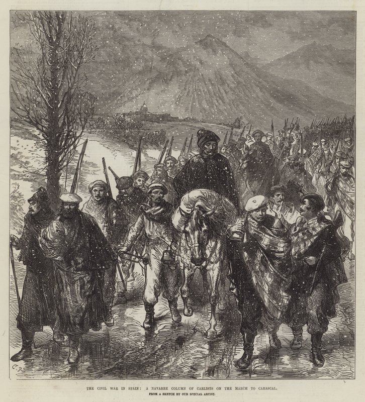 De burgeroorlog in Spanje, een Navarraanse colonne Carlisten op mars naar Carascal door Sir John Charles Robinson