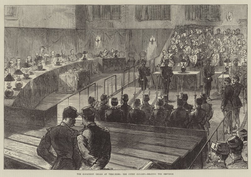 De Communistische Processen in Versailles, de Rechtbank ontruimd, het vonnis voorlezend door Sir John Charles Robinson