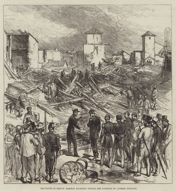 De overstromingen in Frankrijk, maarschalk Macmahon bezoekt de Faubourg St Cyprien, Toulouse door Sir John Charles Robinson