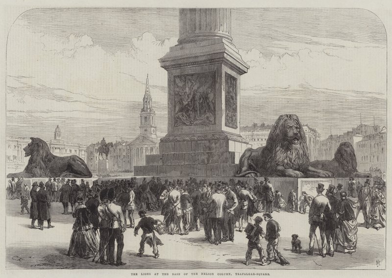 De Leeuwen aan de Basis van de Nelson Kolom, Trafalgar-Square door Sir John Charles Robinson