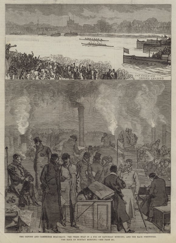 De Oxford en Cambridge Bootrace, de Persboot in een Mist op Zaterdagochtend, en de Race Uitgesteld, de Race op Maandagochtend door Sir John Charles Robinson