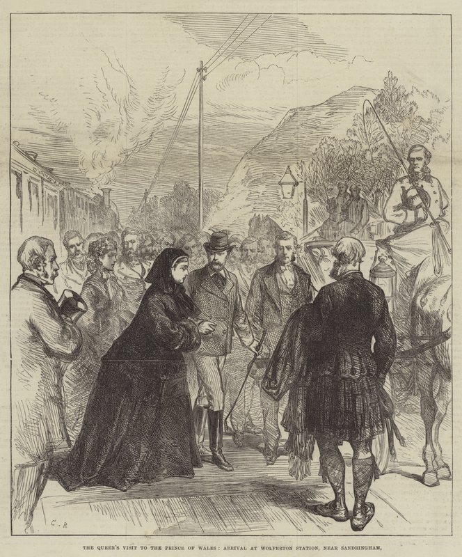 Het bezoek van de koningin aan de prins van Wales, aankomst op Wolferton Station, nabij Sandringham door Sir John Charles Robinson