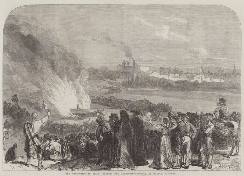 De revolutie in Spanje, het verbranden van de garroteerstelling in Madrid door Sir John Charles Robinson