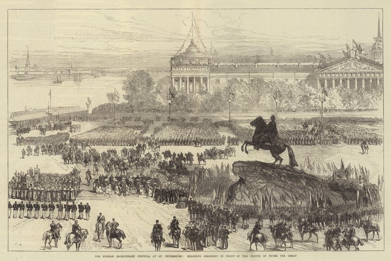 Het Russische bicentenaire festival in St. Petersburg, religieuze ceremonie voor het standbeeld van Peter de Grote door Sir John Charles Robinson