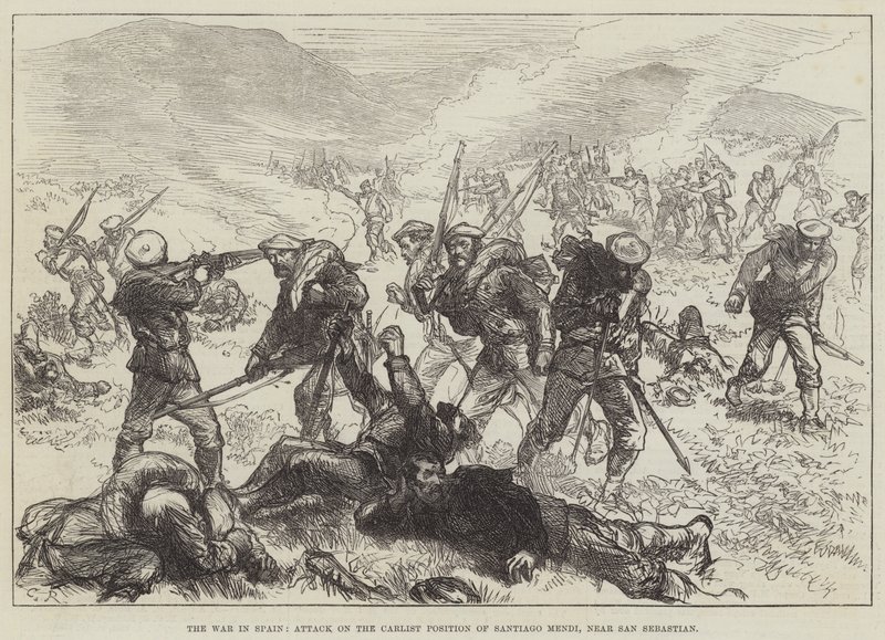De Oorlog in Spanje, Aanval op de Carlist Positie van Santiago Mendi, nabij San Sebastian door Sir John Charles Robinson