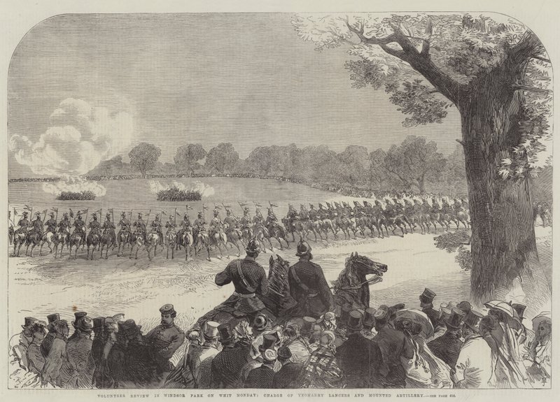 Vrijwilligersrecensie in Windsor Park op Pinkstermaandag, Charge van Yeomanry Lancers en Gemotoriseerde Artillerie door Sir John Charles Robinson