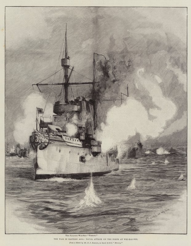 De oorlog in Oost-Azië, marineaanval op de forten bij Wei-Hai-Wei door Charles William Wyllie