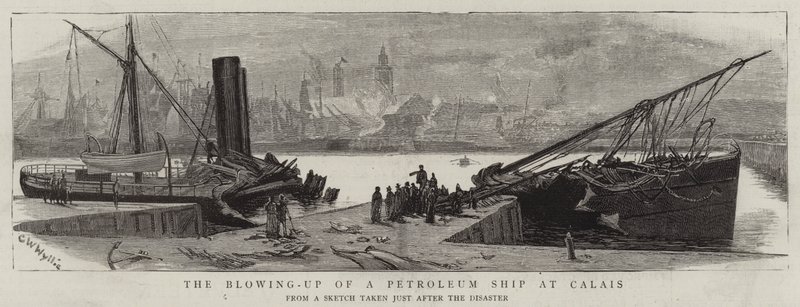 De ontploffing van een Petroleumschip in Calais door Charles William Wyllie
