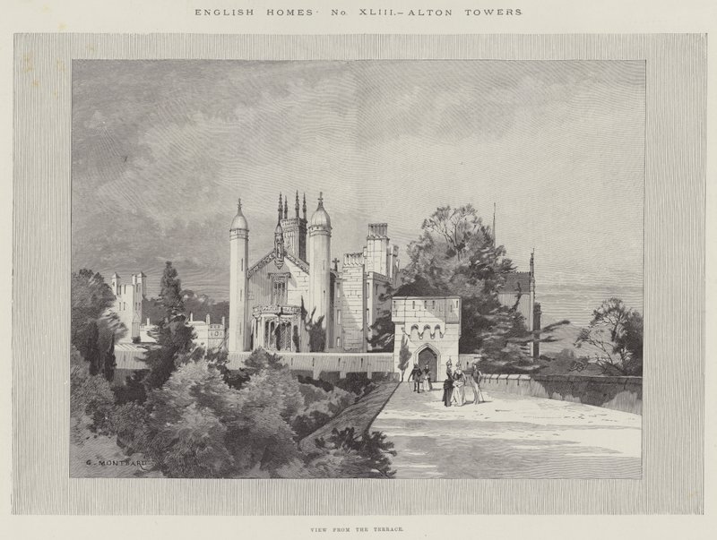 Engelse huizen, Alton Towers, uitzicht vanaf het terras door Charles Auguste Loye
