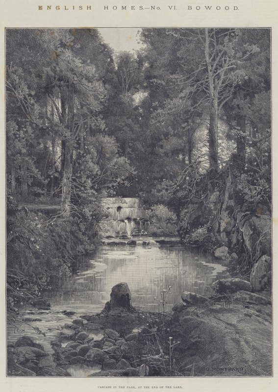 Engelse huizen, Bowood, waterval in het park, aan het einde van het meer door Charles Auguste Loye
