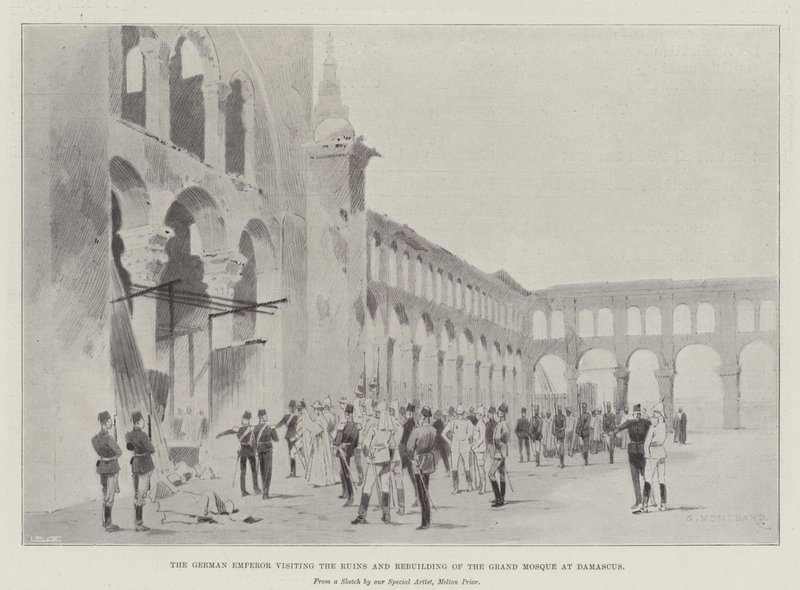 De Duitse keizer bezoekt de ruïnes en herbouw van de Grote Moskee in Damascus door Charles Auguste Loye