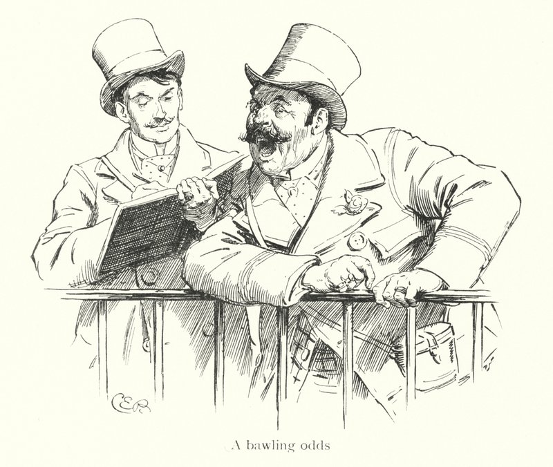 Bookmaker die odds roept op een renbaan door Charles Edmund Brock