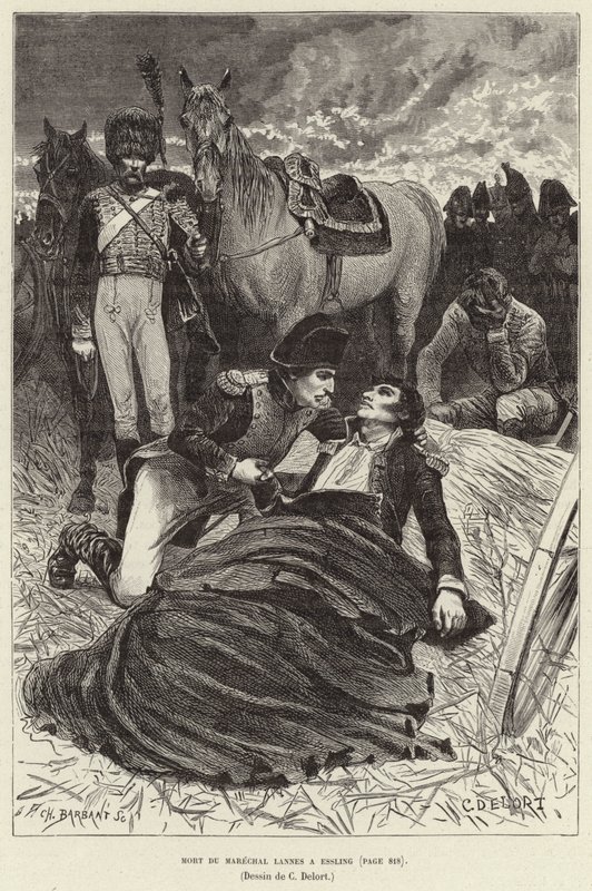 Dood van maarschalk Lannes bij Essling; Napoleon en de stervende maarschalk Lannes bij de Slag bij Aspern-Essling, Oostenrijk door Charles Edouard Delort