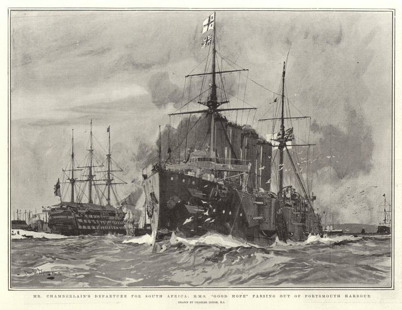Vertrek van Mr Chamberlain naar Zuid-Afrika, H M S Good Hope verlaat de haven van Portsmouth door Charles Edward Dixon