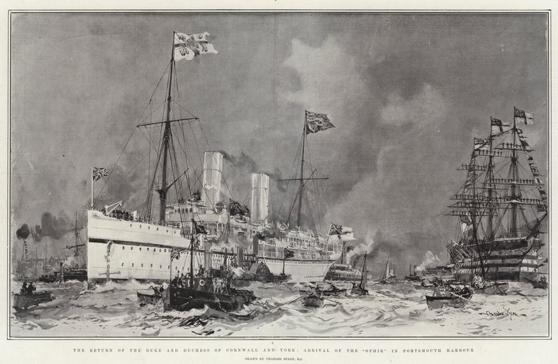 De Terugkeer van de Hertog en Hertogin van Cornwall en York, Aankomst van de Ophir in de Haven van Portsmouth door Charles Edward Dixon