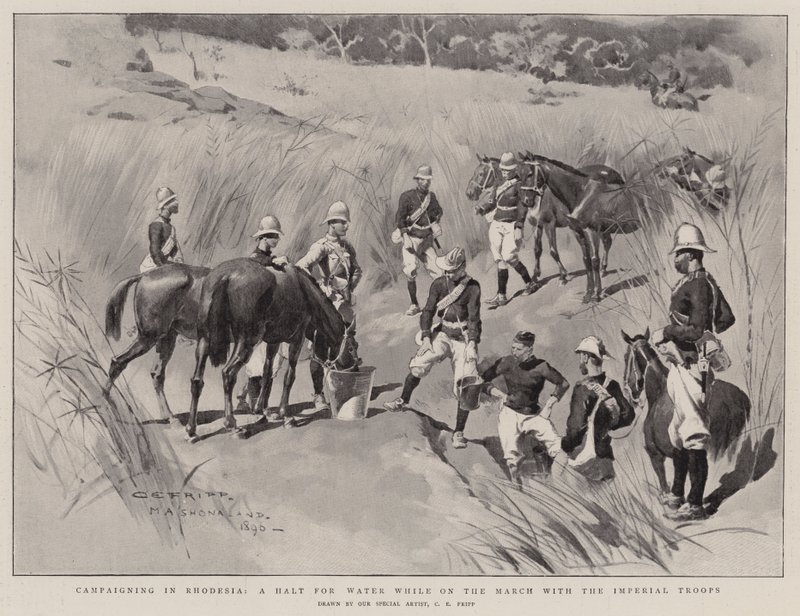 Campagne in Rhodesië, een Stop voor Water tijdens de Mars met de Keizerlijke Troepen door Charles Edwin Fripp