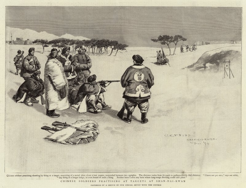 Chinese soldaten oefenen op doelen bij Shan-Hai-Kwan door Charles Edwin Fripp