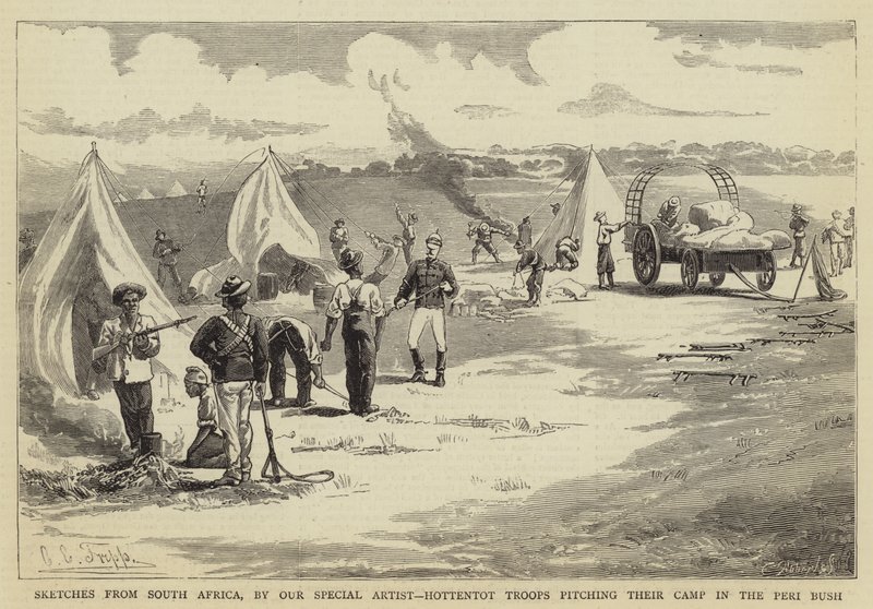 Schetsen uit Zuid-Afrika, Hottentot troepen slaan hun kamp op in de Peri Bush door Charles Edwin Fripp