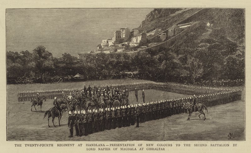 Het Vierentwintigste Regiment bij Isandlana, Presentatie van Nieuwe Kleuren aan het Tweede Bataljon door Lord Napier van Magdala in Gibraltar door Charles Edwin Fripp