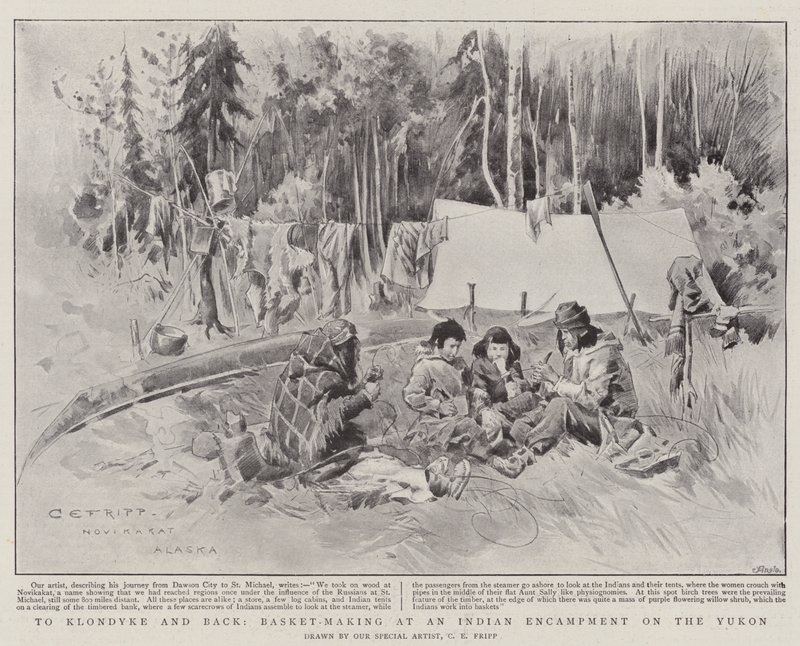 Naar Klondyke en terug, manden maken in een Indiaans kampement aan de Yukon door Charles Edwin Fripp