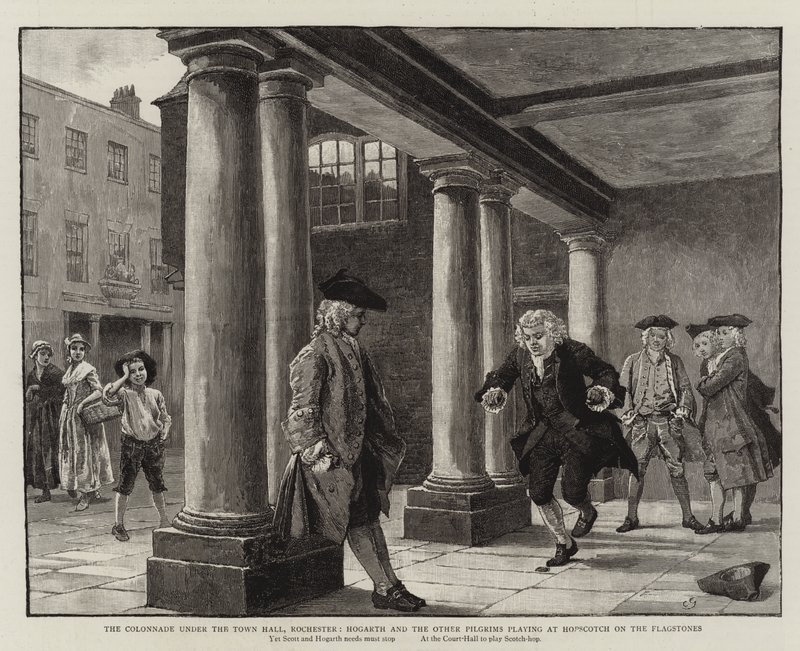 De Colonnade onder het Stadhuis, Rochester, Hogarth en de andere Pelgrims spelen hinkelen op de Vlaggen door Charles Green
