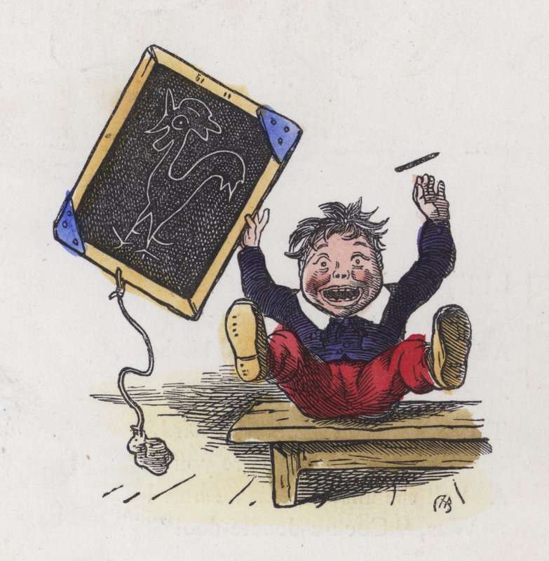 Jongen met een tekening van een haan op een schoolbord door Charles Henry (after) Bennett