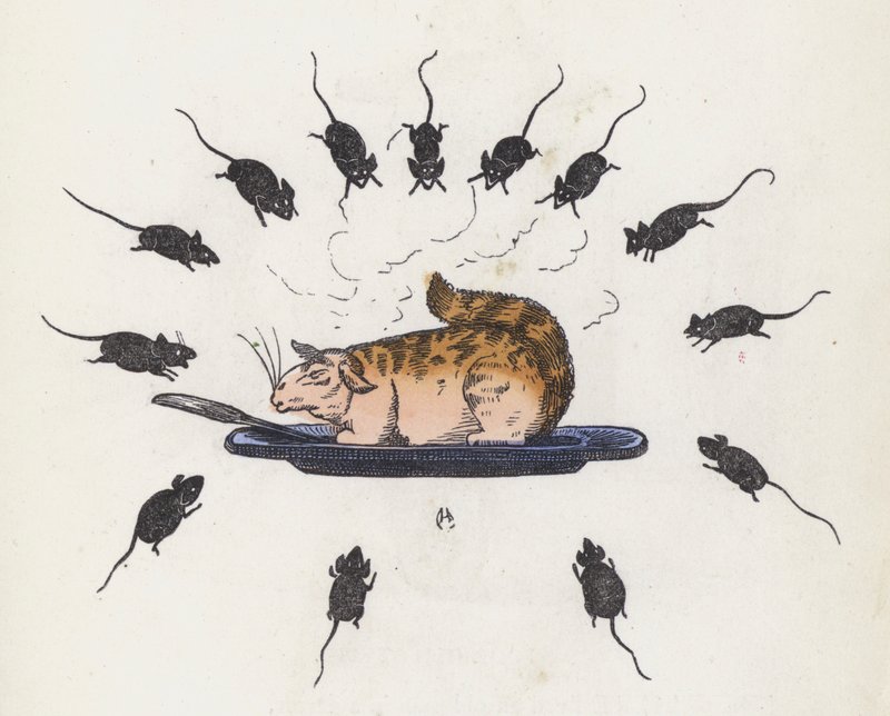Vraatzuchtige kat op een bord omringd door hongerige muizen door Charles Henry (after) Bennett