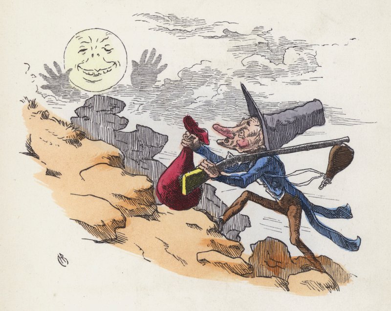 Man die een heuvel beklimt om op de Maan te schieten (gekleurde gravure) door Charles Henry (after) Bennett