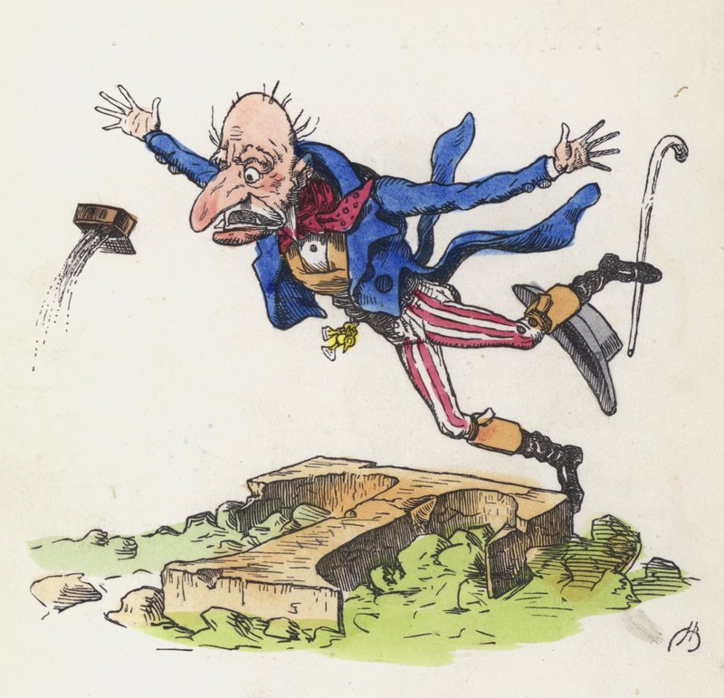 Oude man struikelt over een rots in de vorm van de letter T door Charles Henry (after) Bennett