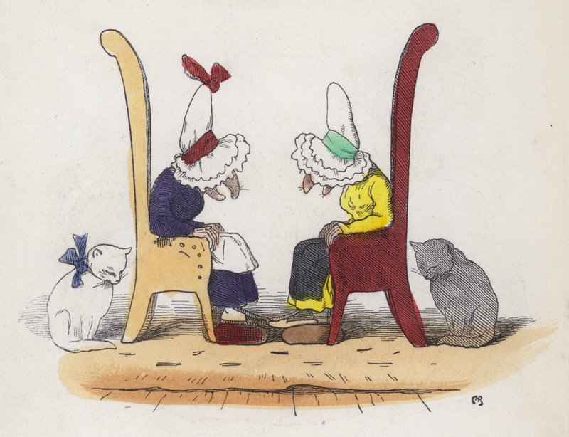 Twee oude vrouwen praten en vallen dan in slaap door Charles Henry (after) Bennett