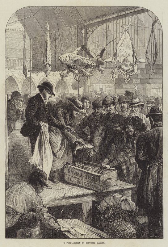 Een visveiling op Columbia Market door Charles J. (after) Staniland