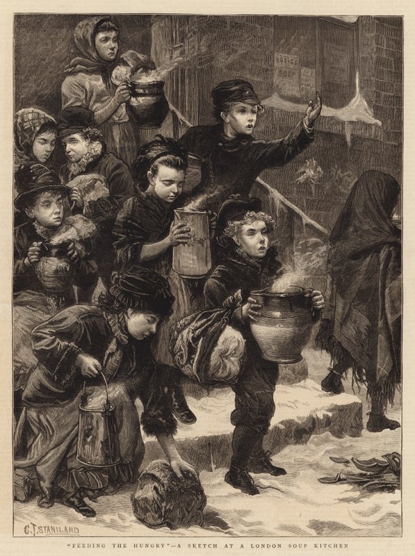 De hongerigen voeden, een schets in een Londense gaarkeuken door Charles J. Staniland