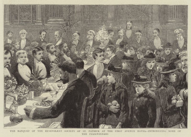Het Banket van de Welwillende Vereniging van St. Patrick in het First Avenue Hotel, met enkele van de Prijswinnaars door Charles J. Staniland