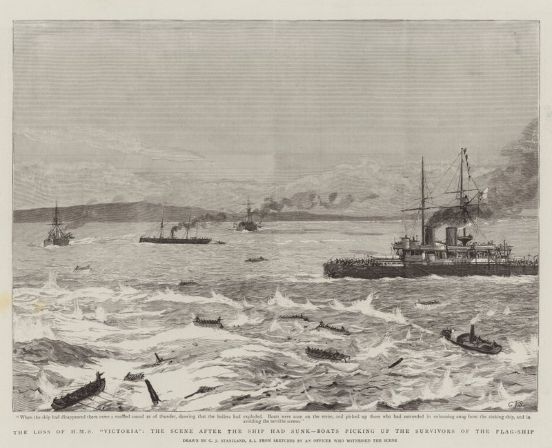 Het Verlies van HMS Victoria, de Scene na het Zinken van het Schip, Boten die de Overlevenden van het Vlaggenschip Oppikken door Charles J. Staniland