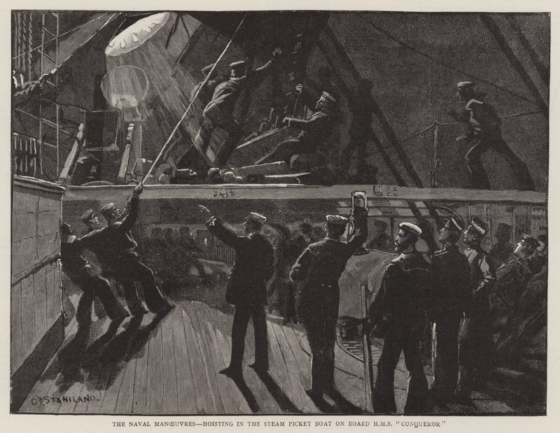 De marine-oefeningen, het hijsen van de stoomboot aan boord van HMS Conqueror door Charles J. Staniland