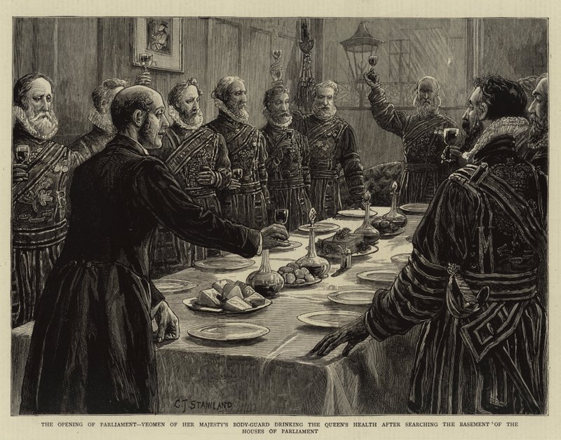 De opening van het parlement, Yeomen van de lijfwacht van Hare Majesteit drinken de gezondheid van de koningin na het doorzoeken van de kelder van het parlement door Charles J. Staniland
