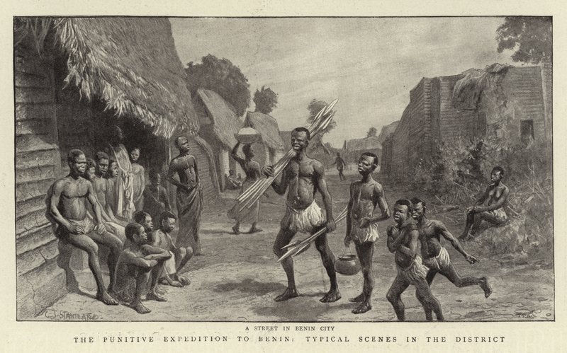 De strafexpeditie naar Benin, typische scènes in het district door Charles J. Staniland