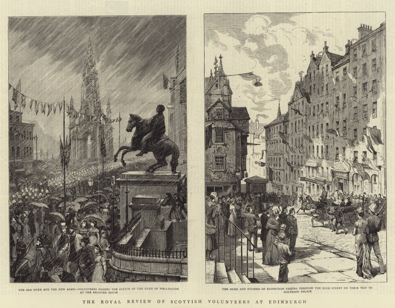 De koninklijke inspectie van Schotse vrijwilligers in Edinburgh door Charles J. Staniland
